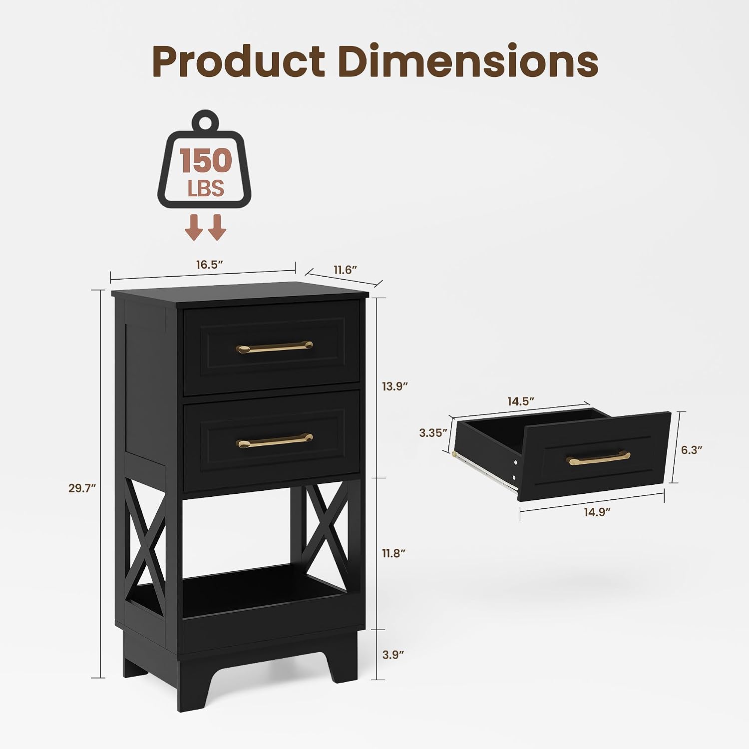 Tall Nightstand Set of 2 Side Table with 2 Drawers Modern Night Stand Wooden End Table Bedside Table with Below Open Shelf Solid Feet for Bedroom Black