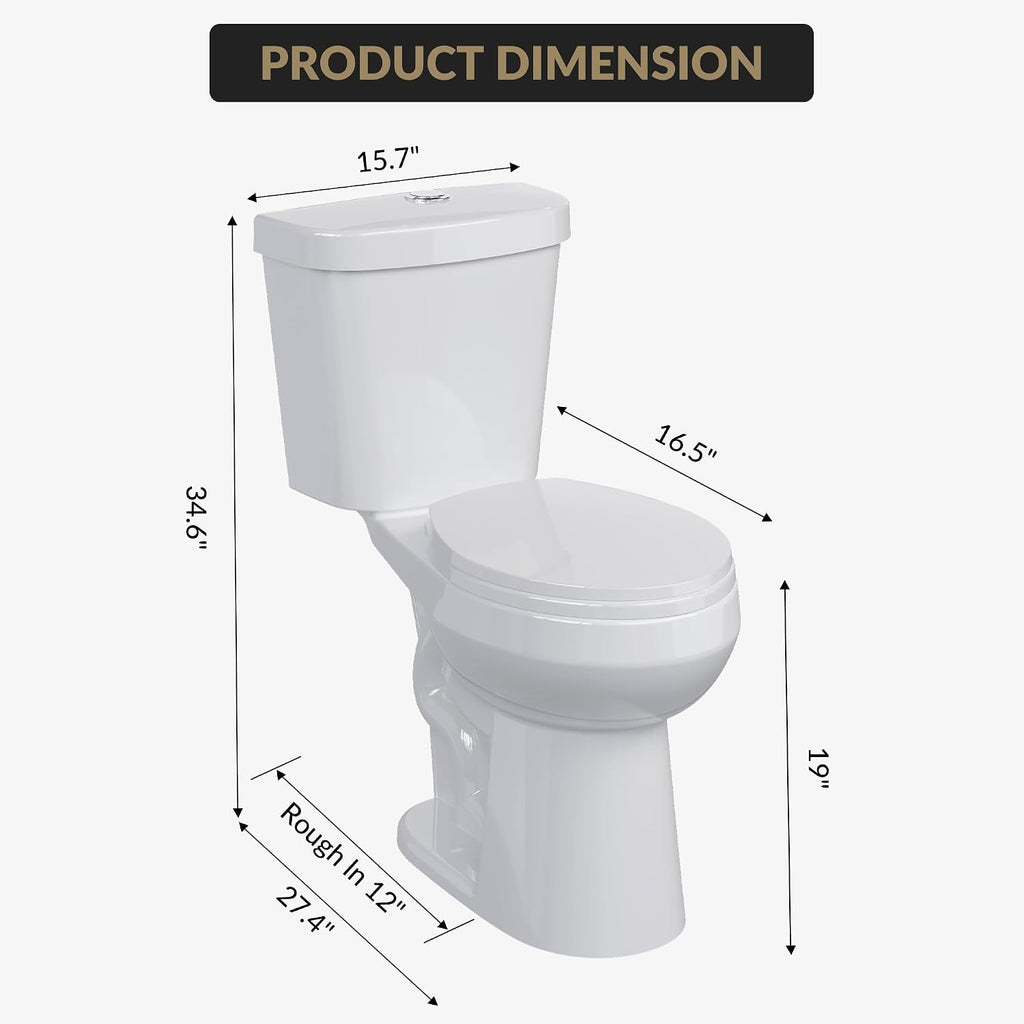 Two-Piece Toilet Chair-Height – Round Bathroom Toilet with Top Dual-Flush Buttons, Comfortable High-Rise Toilet for Seniors, Adults, and Compact Bathrooms