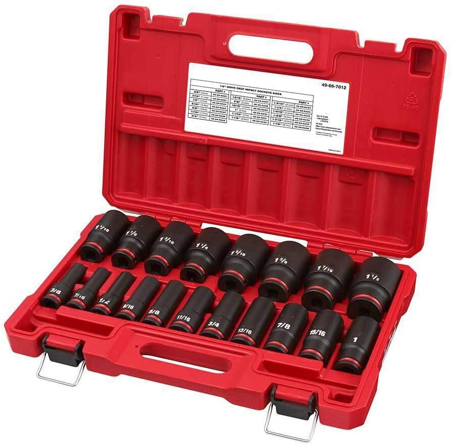 Socket Set For Milwaukee 49-66-7012 1/2'' Impact Duty SAE Socket Set (Size:16.3 x 2.7 x 10.5 in) - 19 PC, Red,black