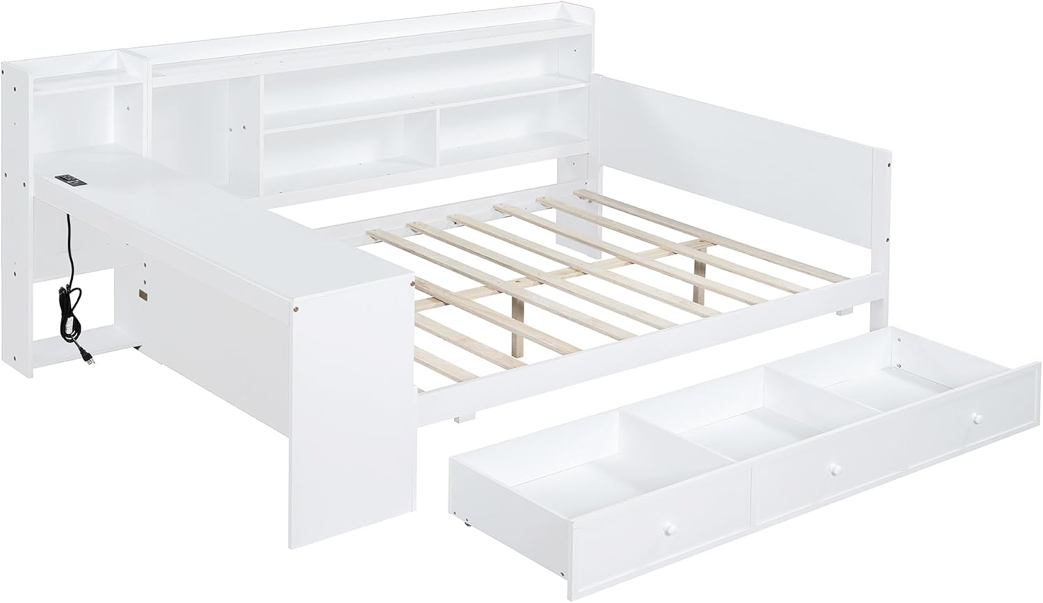 SOFTSEA Full Size Daybed with Storage Drawers & Bokcase, Wood Daybed with Desk, Bookcase & USB Ports for Kids Teens Adults, L Shaped Bed Frame with Convertible Headboard for Bedroom Living Room, White