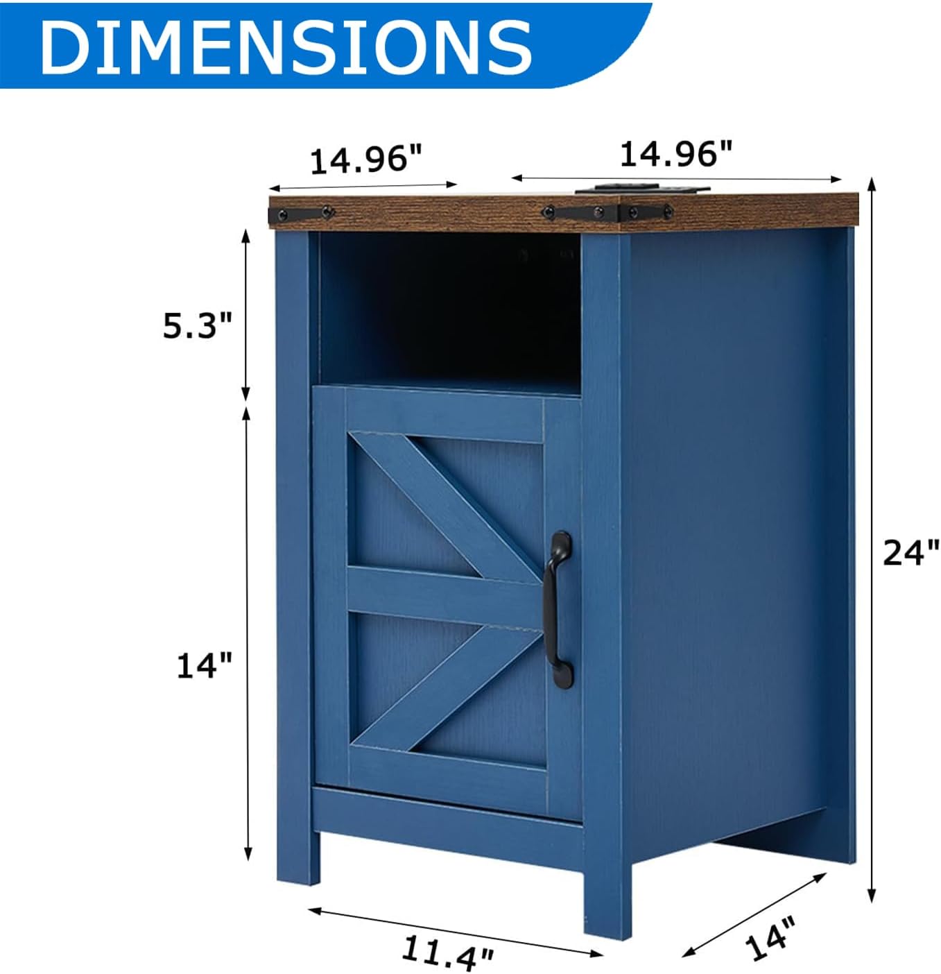 Farmhouse Nightstand Set of 2, Bedside Table with Charging Station, Night Stand with Barn Door, Blue End Table Sofa Side, Nightstand Storage for Bedroom Living Room, Blue