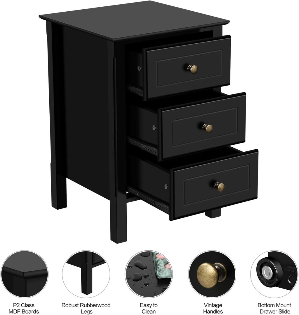 Yaheetech Nightstand Set of 2,Wooden 3-Drawer Bedside Table with Solid Wood Legs, Bedside Cabinet Cupboard Storage Organizer for Bedroom Home Office Small Space, Easy Assembly, Black
