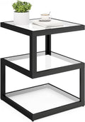 3-Tier Tempered Glass Side Table with Metal Frame, USB Port and Dimmable Blue LED Light Strip for Living Room & Bedroom 15.7' x 15.7' x 19.7' (Square)