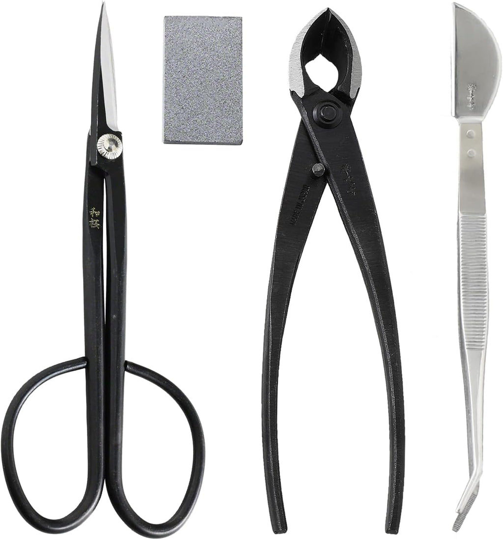 Wazakura 4PCS Bonsai Essential Tool Kit MADE IN JAPAN, Yasugi Steel Twig Bonsai Scissors + Concave Branch Cutter 8in (200mm) + Stainless Tweezers + Sap Eraser Set