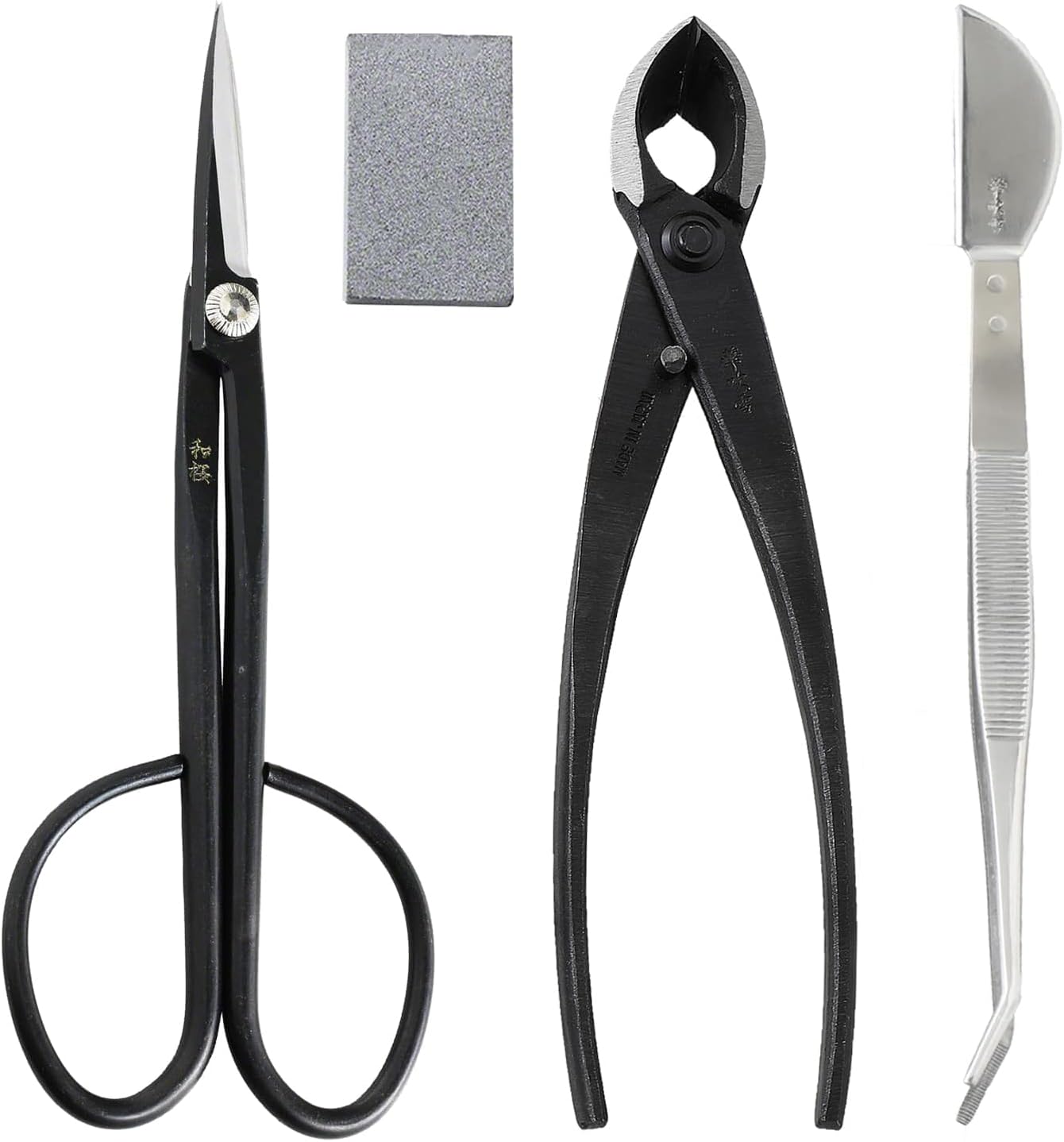 Wazakura 4PCS Bonsai Essential Tool Kit MADE IN JAPAN, Yasugi Steel Twig Bonsai Scissors + Concave Branch Cutter 8in (200mm) + Stainless Tweezers + Sap Eraser Set