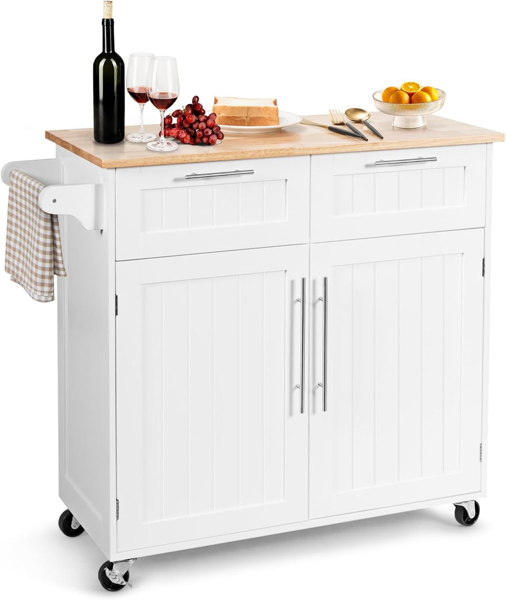 Kitchen Island with Storage, Mobile Kitchen Trolley Cart with Wheels, Rubber Wood Top, Adjustable Shelves, Towel Rack & Drawers, Rolling Kitchen Island Cart, 37' L x 18' W x 37' H (White)