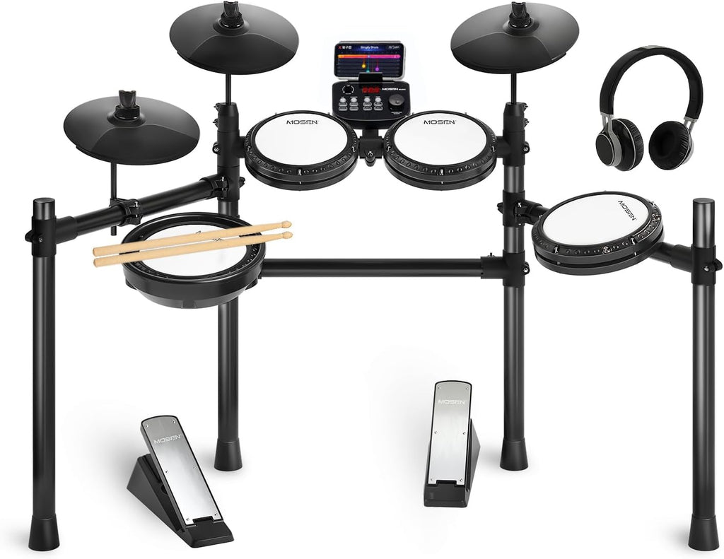 MOSEN Electric Drum Set, Quiet Mesh Drum Pads, Dual-Zone Snare, 195+ Sounds, Phone Holder, Sticks, Headphones, USB MIDI, 2 Pedals, 25 Electronic Drums Kit for Beginner, MED-X3S