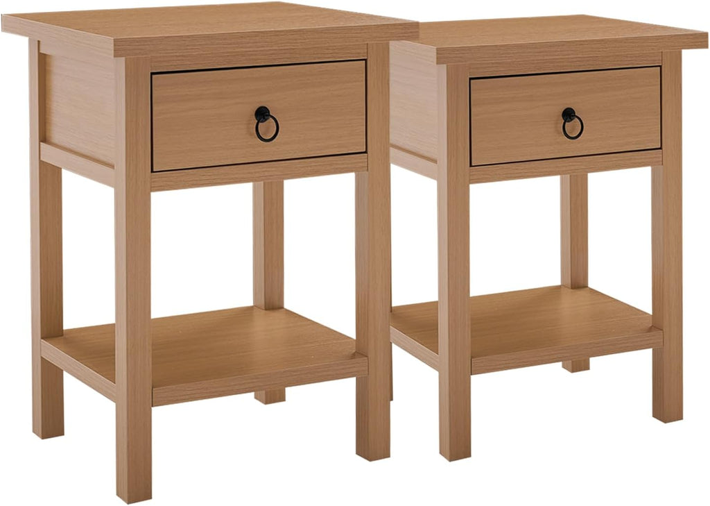 Nightstand Set of 2, Boho Bedside Table with Drawer, Farmhouse End Table with Open Storage Shelf, Bed Side Table Accent Table for Bedroom, Living Room