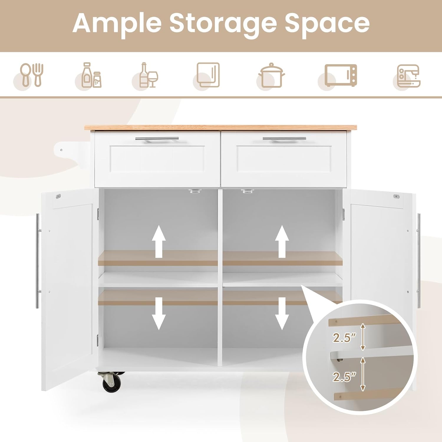 Kitchen Island with Storage, Mobile Kitchen Trolley Cart with Wheels, Rubber Wood Top, Adjustable Shelves, Towel Rack & Drawers, Rolling Kitchen Island Cart, 37' L x 18' W x 37' H (White)