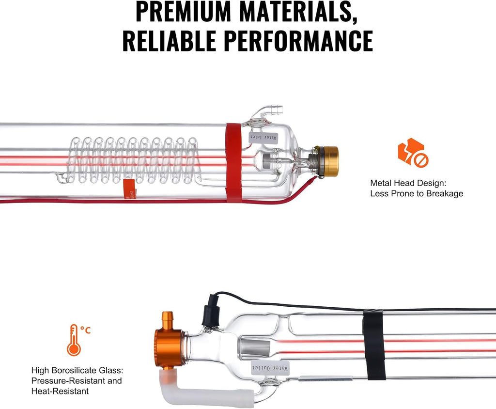 VEVOR 90W CO2 Laser Tube, 49.2 in (1250 mm) Length, 3.1 in (80 mm) Dia Borosilicate Glass Laser Cutter Tube with Metal Head, 10,000hr Wires Preconnected for Laser Engraver Engraving Cutting Machine
