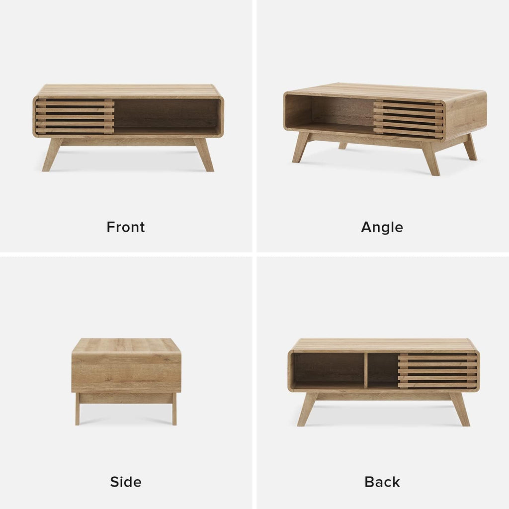 mopio Ensley Coffee Table with Storage, Mid Century Modern, Farmhouse Wood Coffee Table for Living Room Fluted (Oak)