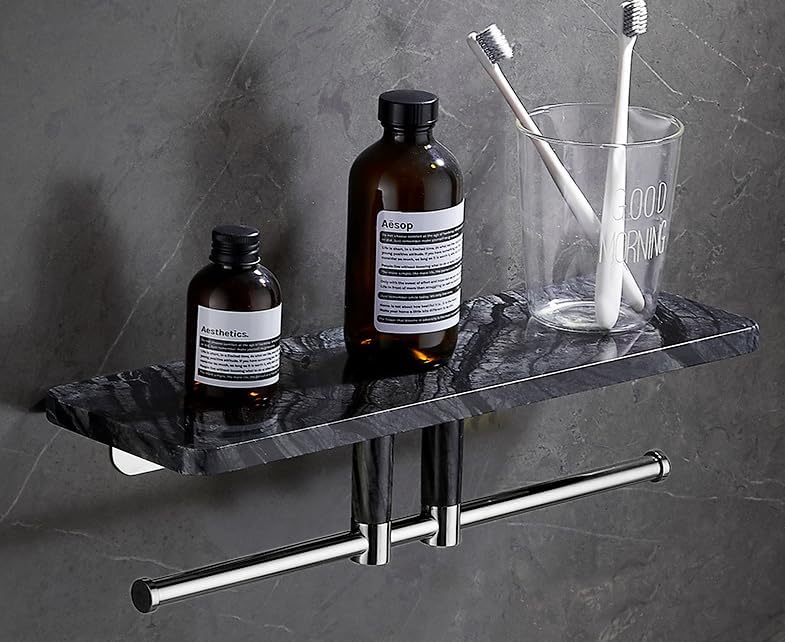 Marble Paper Towel Holder, Towel Rail, Wall Mounted Toilet Paper Holder, Shelf, black-50 Long Shelf with bar