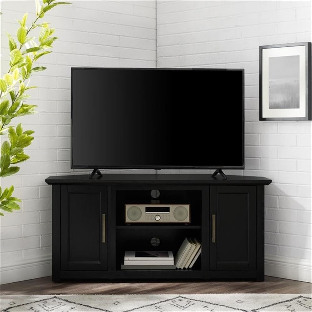 Pemberly Row Contemporary 48' Rustic Wood Corner TV Stand, Black Finish, Fits TVs Up to 50', Adjustable Shelves, Open Center Storage, Cable Management, Modern Farmhouse Style for Living Room Use