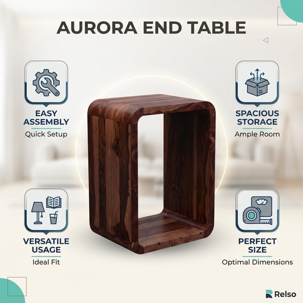 Relso Aurora End Table Solid Sheesham Wood Nightstand with Open Shelf Storage, Walnut Finish Bedside Table, Side Table for Bedroom, Living Room, Entryway, Small Spaces, Accent Bookshelf