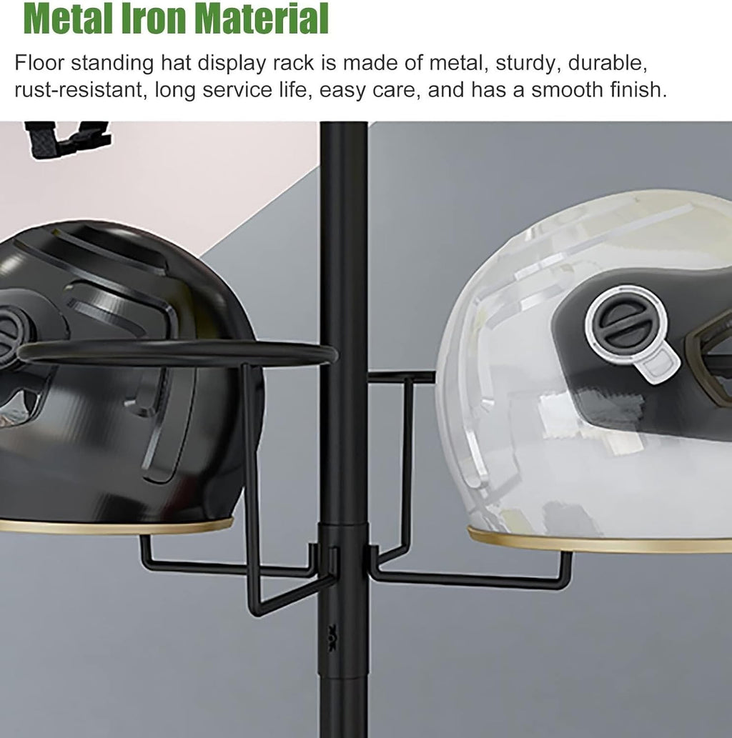 Standing Hat Display Stand - 4-Layer Mobile Metal Organizer Rack for Helmets, Baseball Caps, Wigs & Cowboy Hats, Large Capacity with Lockable Wheels(Gold)