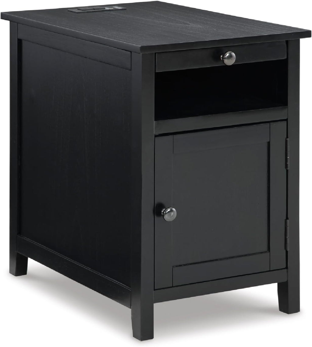 Signature Design by Ashley Treytown Casual Compact Chairside End Table with a Storage Cabinet, Open Cubby Shelf, Pull-Out Tray & USB Charging Ports, Black