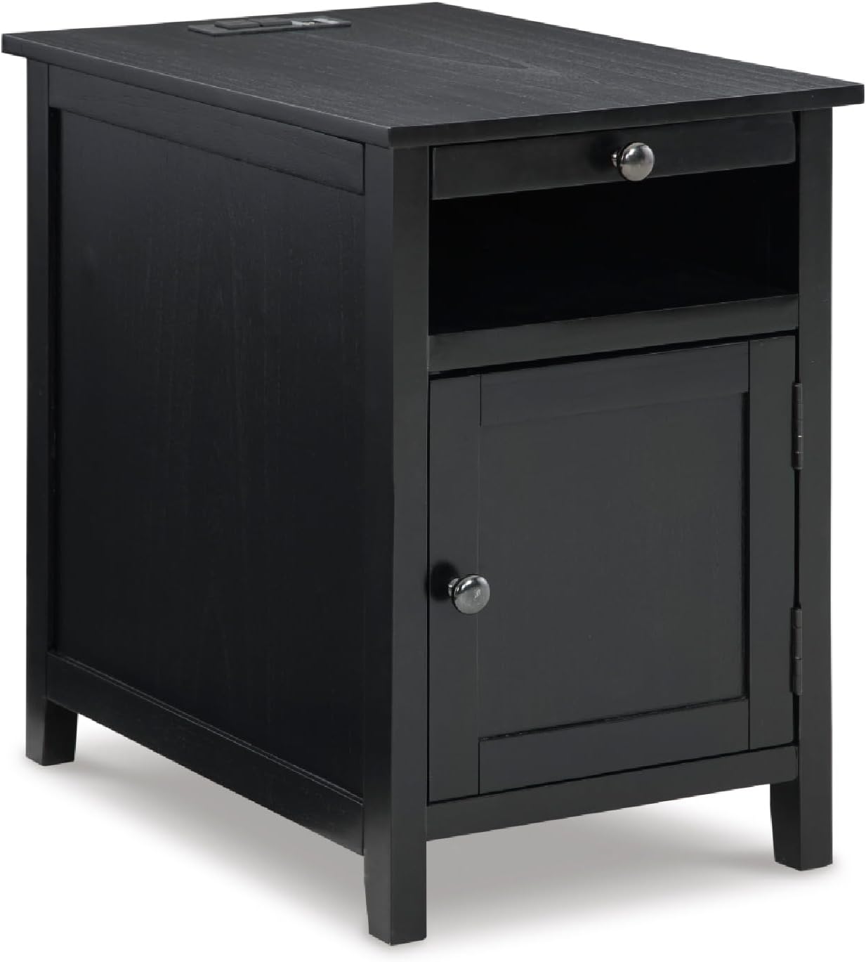 Signature Design by Ashley Treytown Casual Compact Chairside End Table with a Storage Cabinet, Open Cubby Shelf, Pull-Out Tray & USB Charging Ports, Black