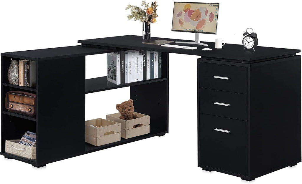 BELLEZE L Shaped Computer Desk, 60' Study Writing Table Home Office Desk Morden Corner Workstation Setup with Adjustable Storage Shelves and 3 Drawers, Black
