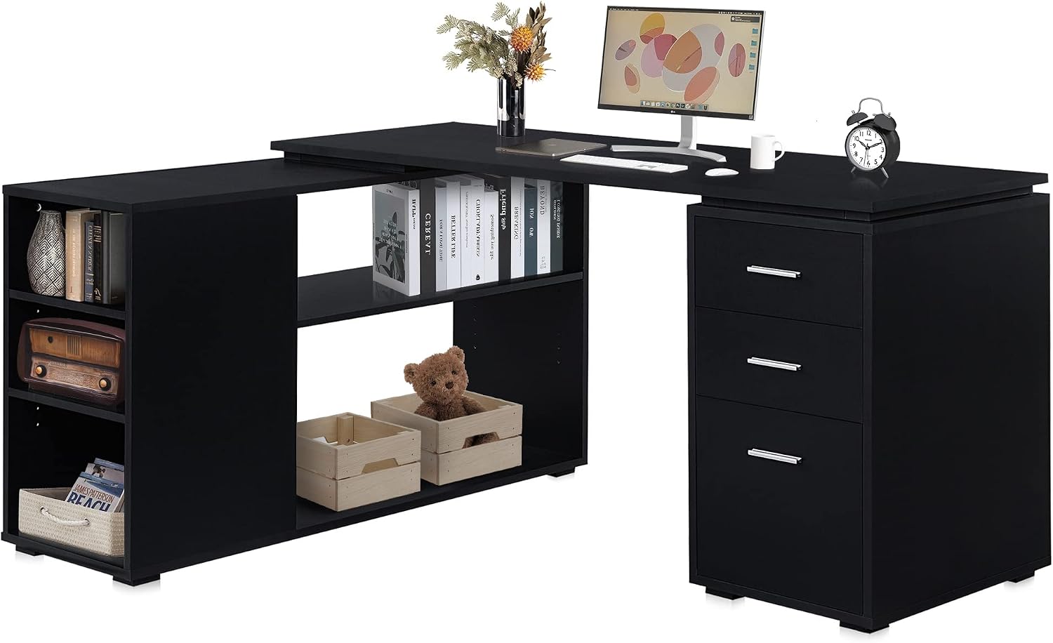 BELLEZE L Shaped Computer Desk, 60' Study Writing Table Home Office Desk Morden Corner Workstation Setup with Adjustable Storage Shelves and 3 Drawers, Black
