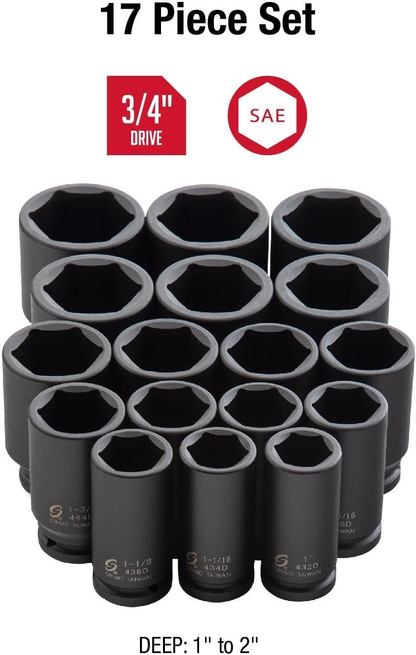 SUNEX TOOLS 4685, 3/4 Inch Drive Deep Impact Socket Set, 17-Piece, SAE, 1'-2', Cr-Mo Steel, Radius Corner Design, Dual Size Markings, Heavy Duty Storage Case