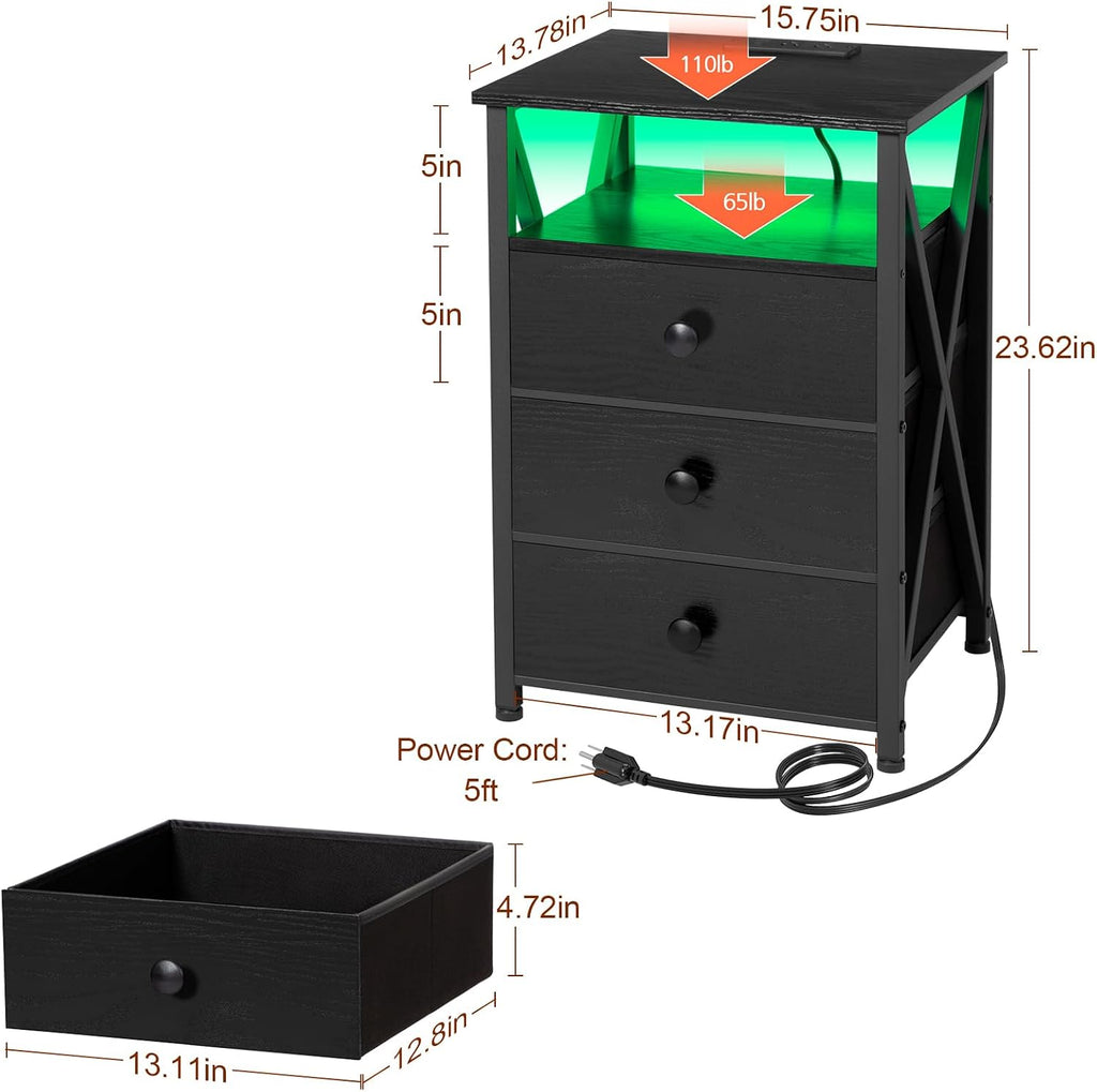 AMHANCIBLE Night Stand Set 2, LED Nightstand with Charging Station, End Side Tables with USB Port & Outlet, Bedside Table with Fabric Drawers for Bedroom, Black, HET053LBK