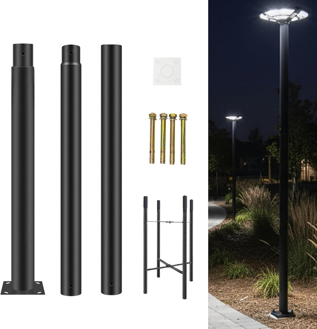 10ft Outdoor Street Light Pole, 3-Inch OD Heavy Duty Galvanized Steel Lamp Post, Ground Mount Light Pole with 0.2' Thick Flange Base, Hardware for Concrete & Soil Included, Black