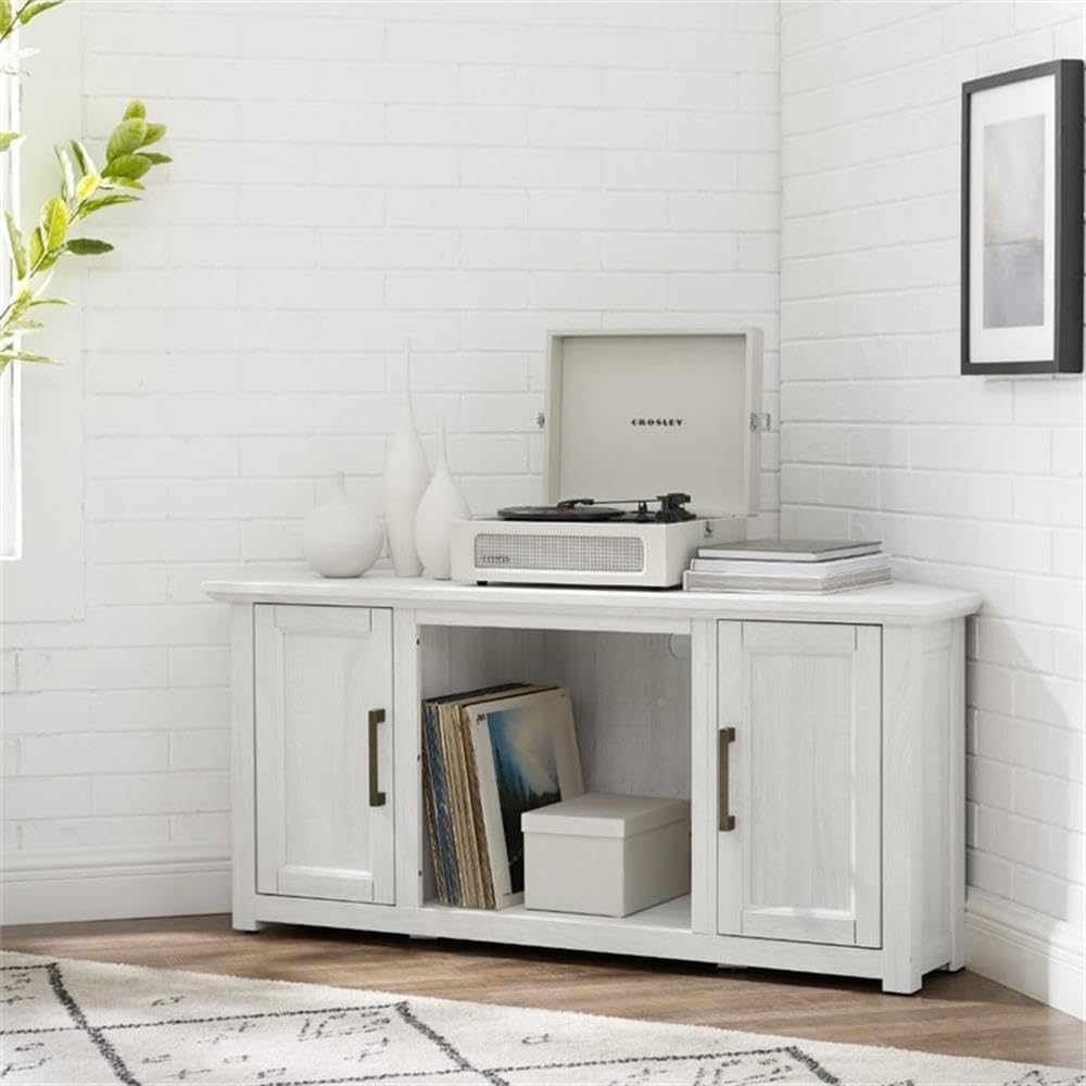 Pemberly Row Modern Rustic Wood Corner TV Stand, 48 in, Whitewash Finish, Fits TVs Up to 50 in, Adjustable Shelving, Cable Management, Antique Brass Hardware, MDF Construction, Living Room