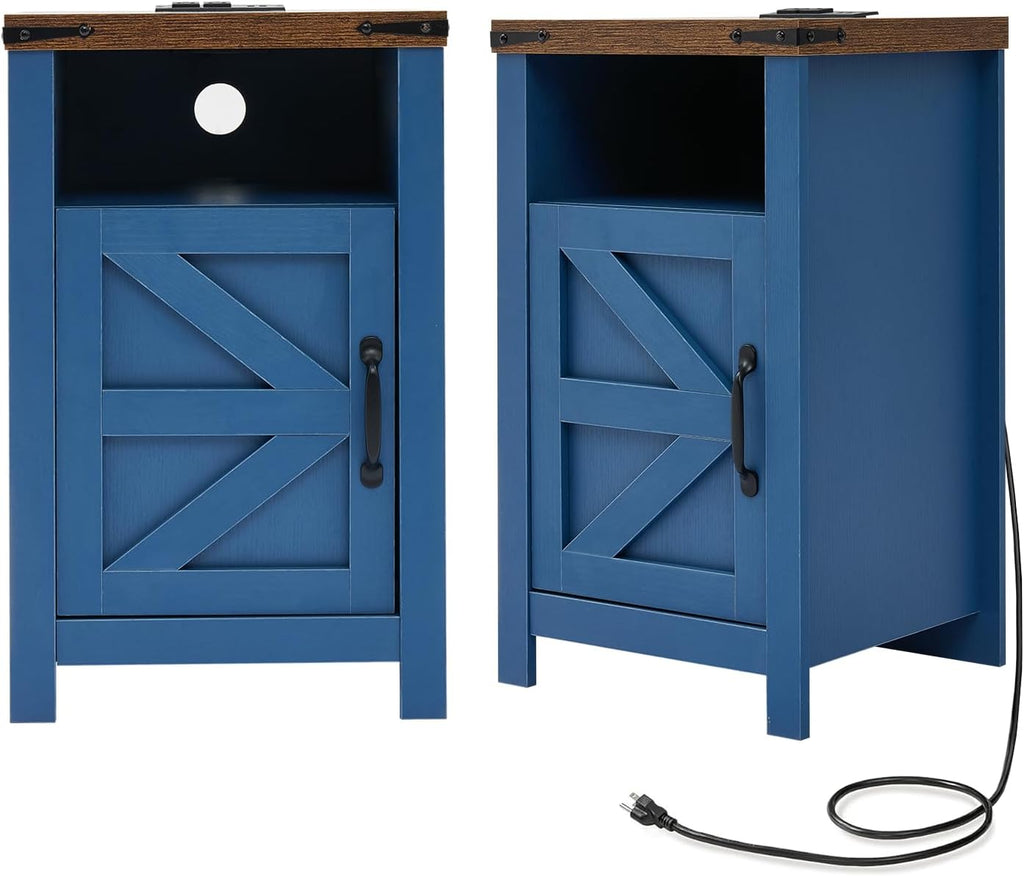 Farmhouse Nightstand Set of 2, Bedside Table with Charging Station, Night Stand with Barn Door, Blue End Table Sofa Side, Nightstand Storage for Bedroom Living Room, Blue