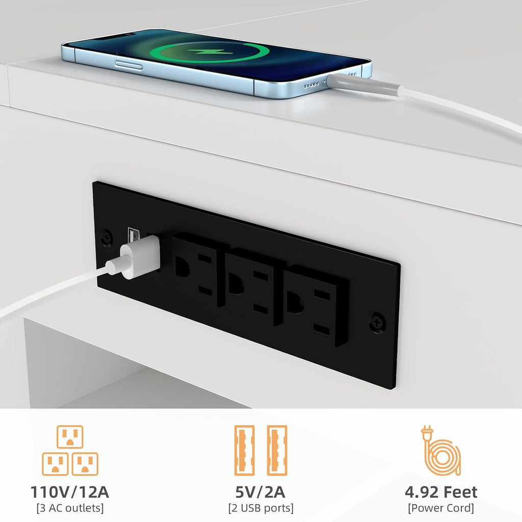 Zevemomo L Shaped Desk with Hutch and 4 Drawers, Computer Desk with USB Ports, Power Outlets & LED Light, Wood Corner Computer Desks with Storage Shelves for Home Office, White, Left Long