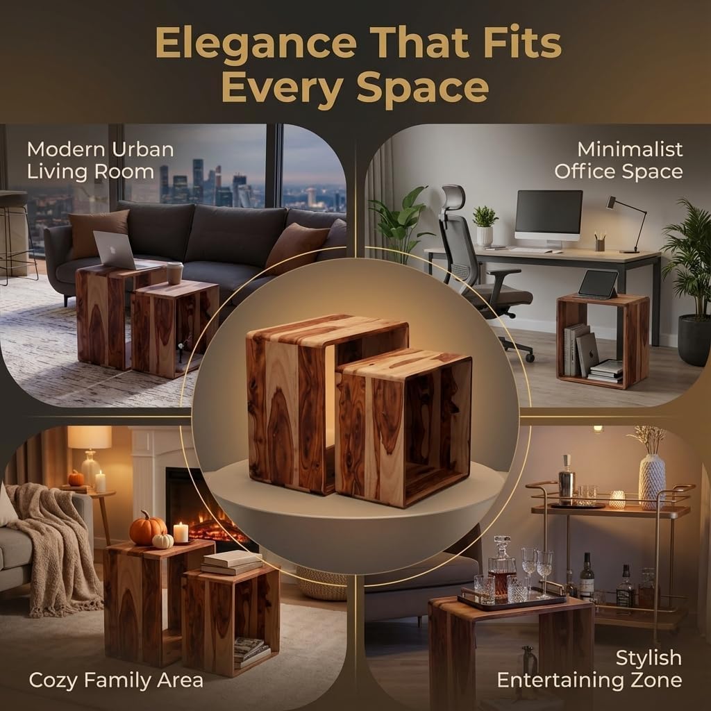 Relso Cascade Nesting Tables for Living Room with Premium Sheesham Wood Construction | Nesting End Tables with Smooth Curved Edges for Safety and Sophistication | Solid Wood Nesting Tables Set of 2