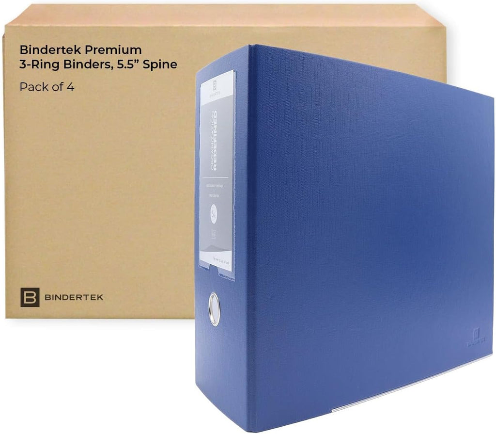 Bindertek 3-Ring Premium High-Capacity Binder, Pack of 4 - Navy, 5.5' Spine Width, 900 Sheet Capacity, 4' D-Rings, Linen-Textured Covers, Steel Reinforced Edges, Spine Label Included