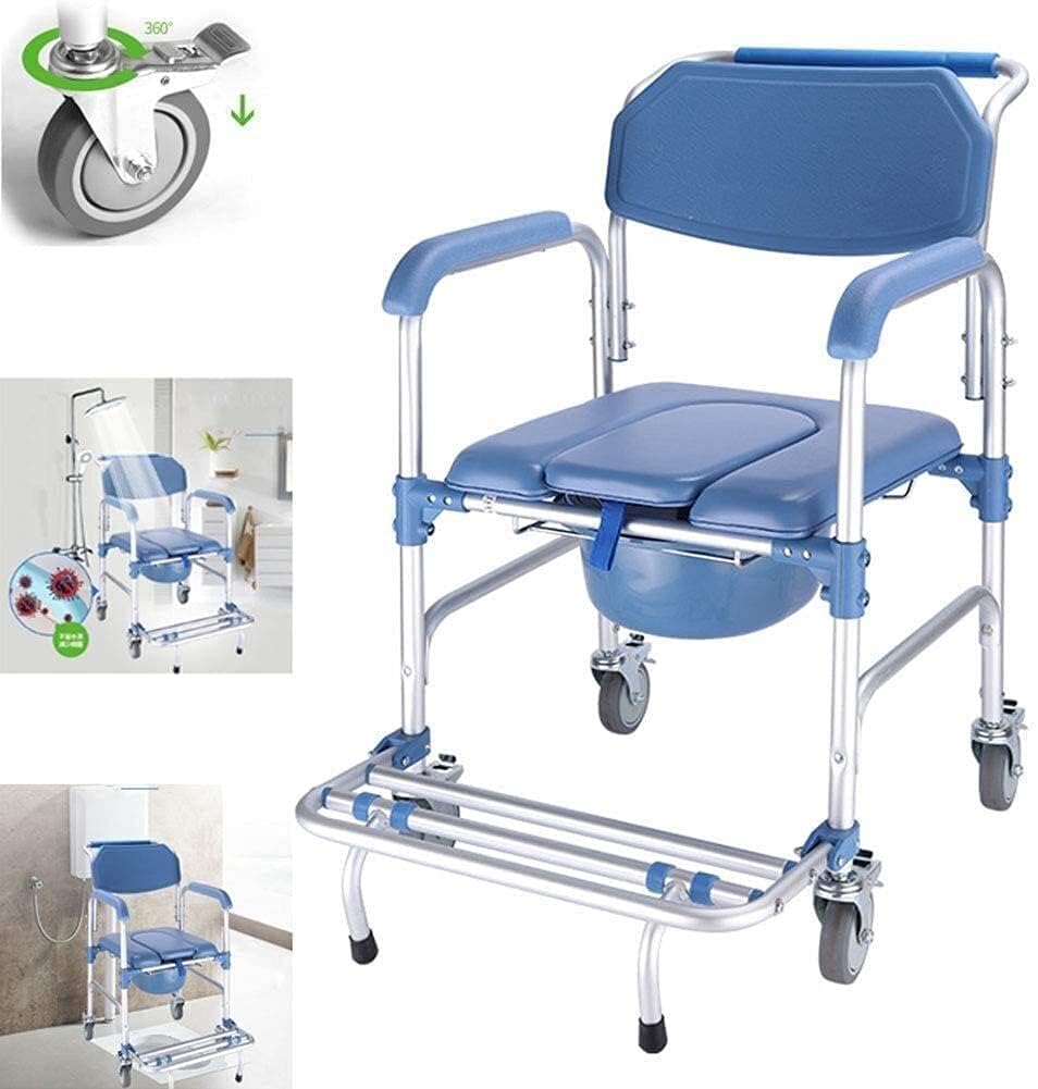 Commode Chair,Toilet Chair 4 in 1 Commode Chair with Wheeled Toilet Chair Wheelchair Shower Transport Chair 4 Wheel Brakes Foldable Mobile Toilet for Elderly Seniors