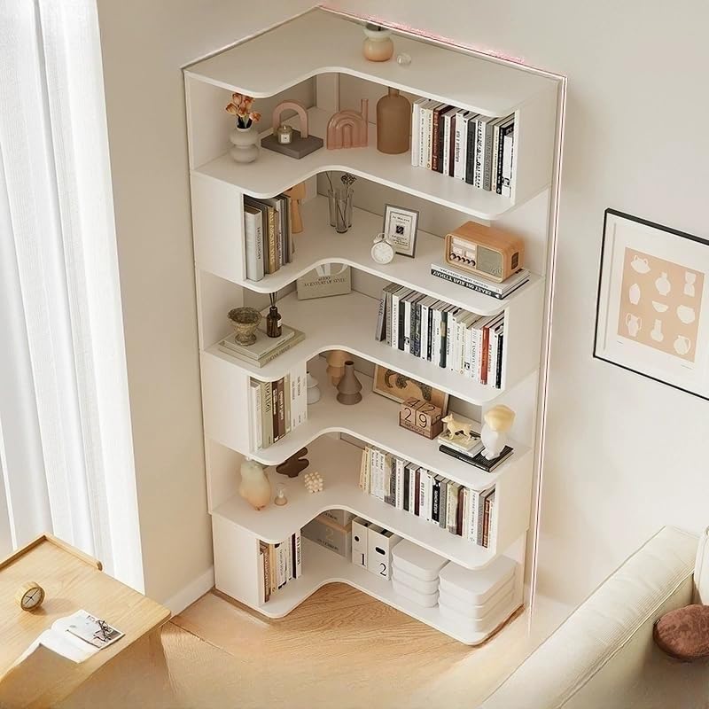 LITFAD Modern Vertical Corner Bookshelf Solid Wood Floor Bookcase with Shelves & Open Back Design Living Room Storage Shelves - White 24' L x 35' W x 75' H