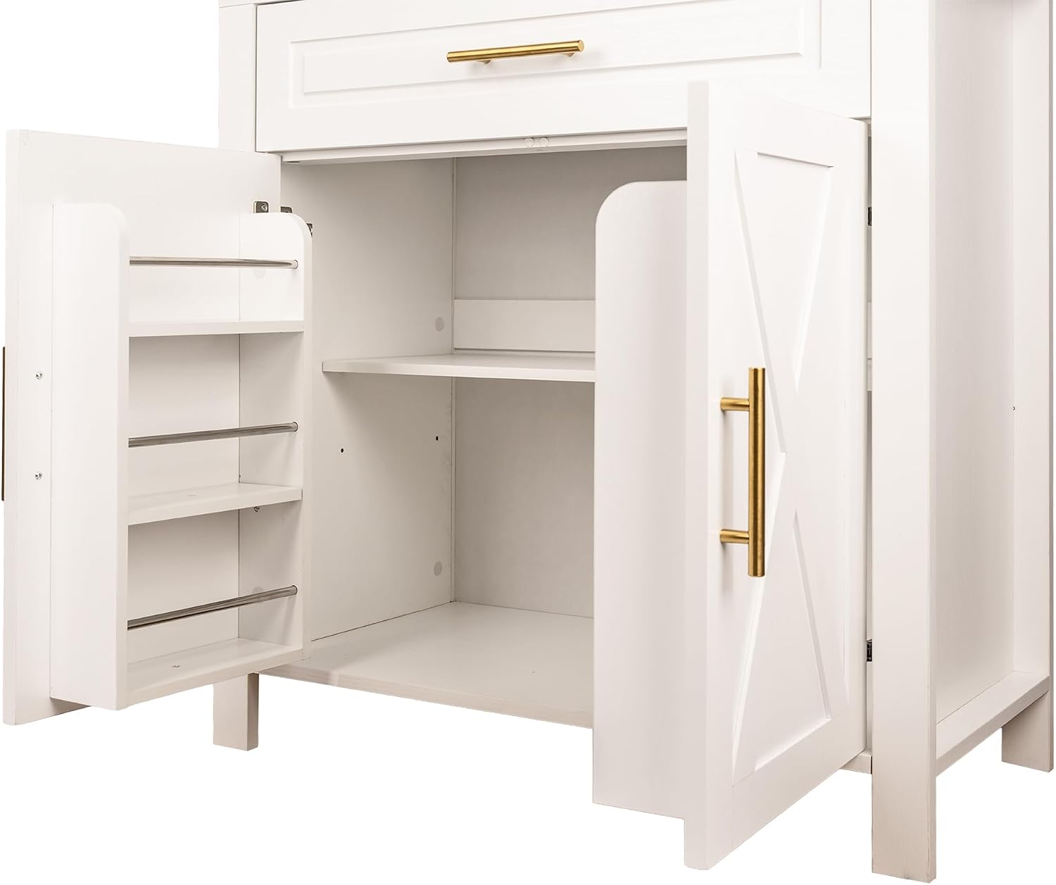 71' Farmhouse Arched Kitchen Pantry Cabinet with Glass Doors & Large Drawer, Wood Versatile Cupboard with Adjustable Shelves for Kitchen Dining Room Living Room Coffee Bar(White)