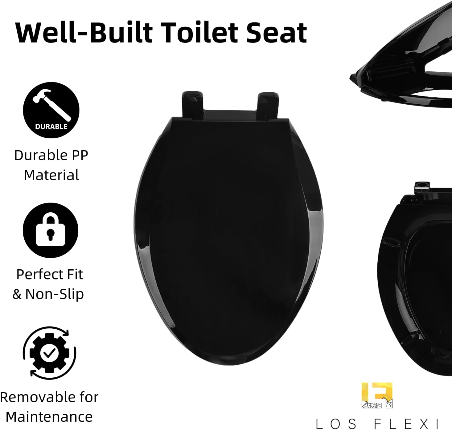 Black 21 Inch High Toilet, Los Flexi Skirted Glossy Black Two-Piece Toilet with 1.1/1.28 Dual Flush System For Seniors & Tall Height Users, Comfort Elongated Bowl, Soft-Close Seat 12' Rough-In
