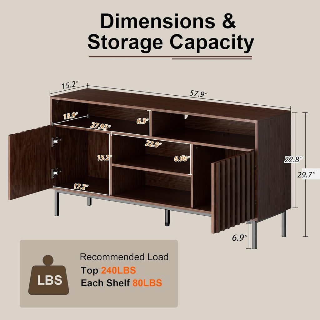UEV Mid Century Modern 3-Piece Living Room Set, Includes Fluted Panels TV Stand with Storage for Up to 65 inch TV, 2 Drawer Open Shelf End Tables