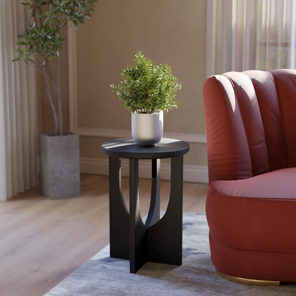 Stupa Solid Wood End Table – 22' Tall Round Side Table for Living Room or Bedroom, Handcrafted Accent Table in Distressed Black Finish, Easy Assembly, Modern Minimalist Design for Small Spaces