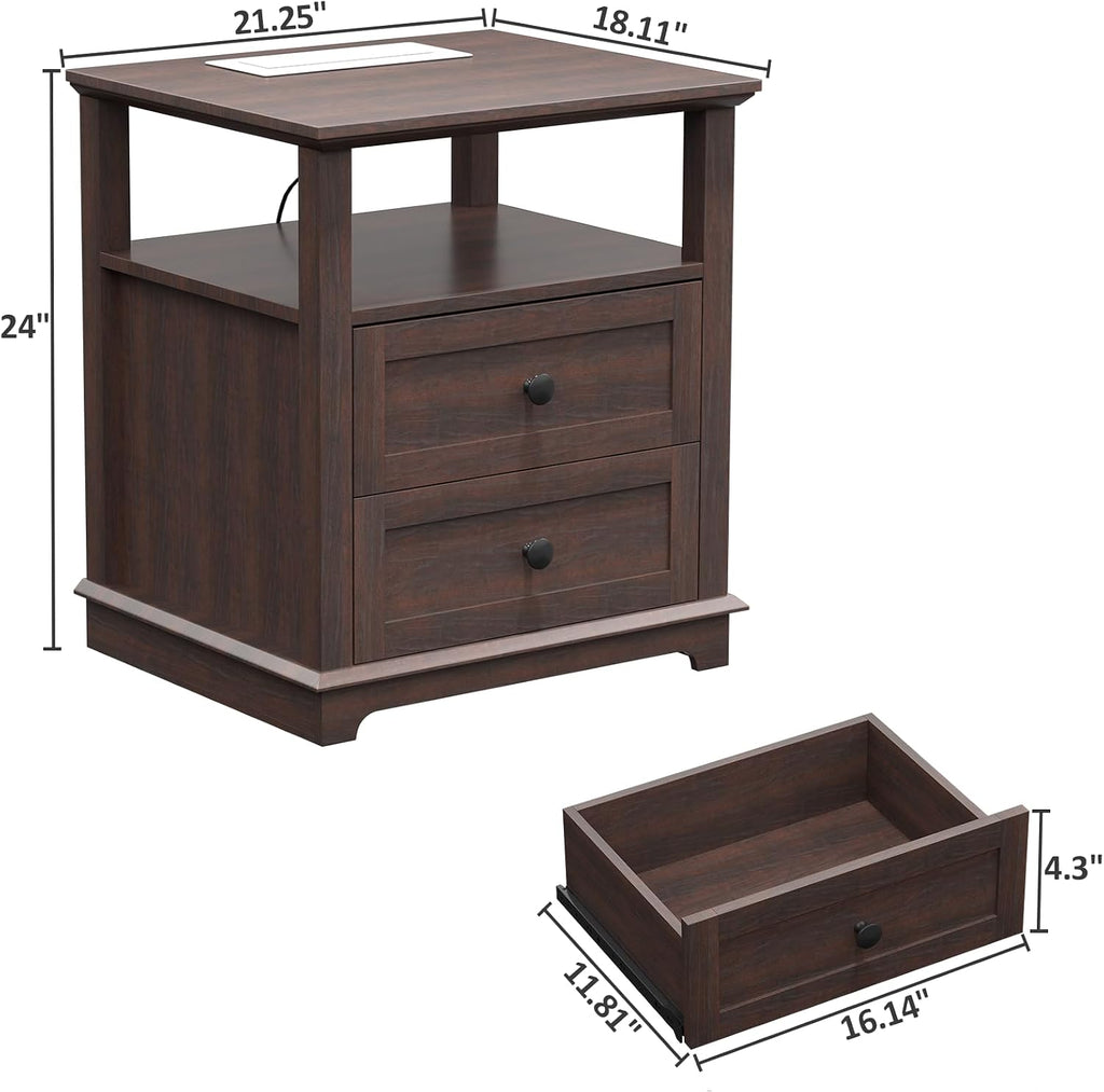 HIFYOBRO 24' Tall End Table with 2 Drawers and Charging Station, Type-C & USB Port & Power outlets, Wooden Storage Cabinet, 21' W Large Side Table with Storage for Living Room and Bedroom (Espresso)