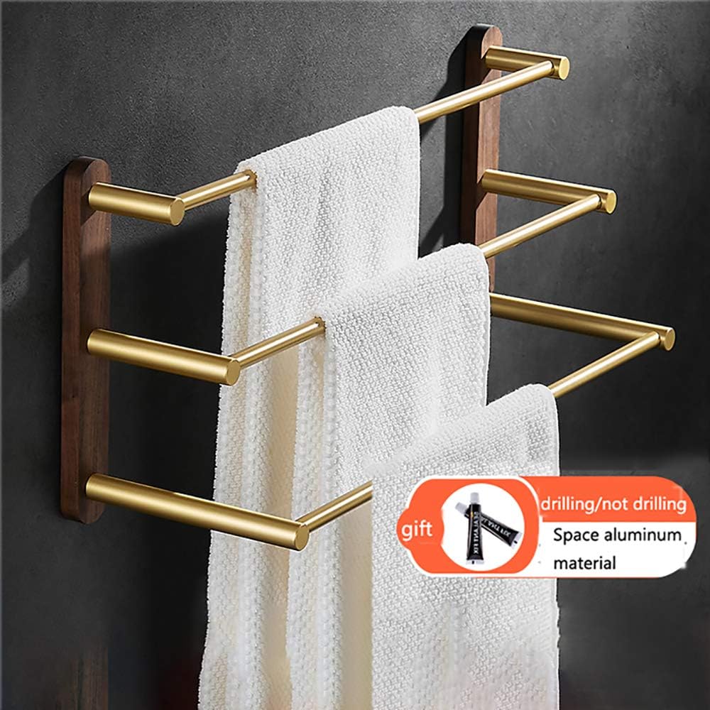 Tower Rack with 3 Bars, Towel Bar Black Walnut and Aluminum Rails Heavy Duty Holder Wall Mounted Storage for Bathroom, Kitchen, Hotel, Brushed Gold,48cm