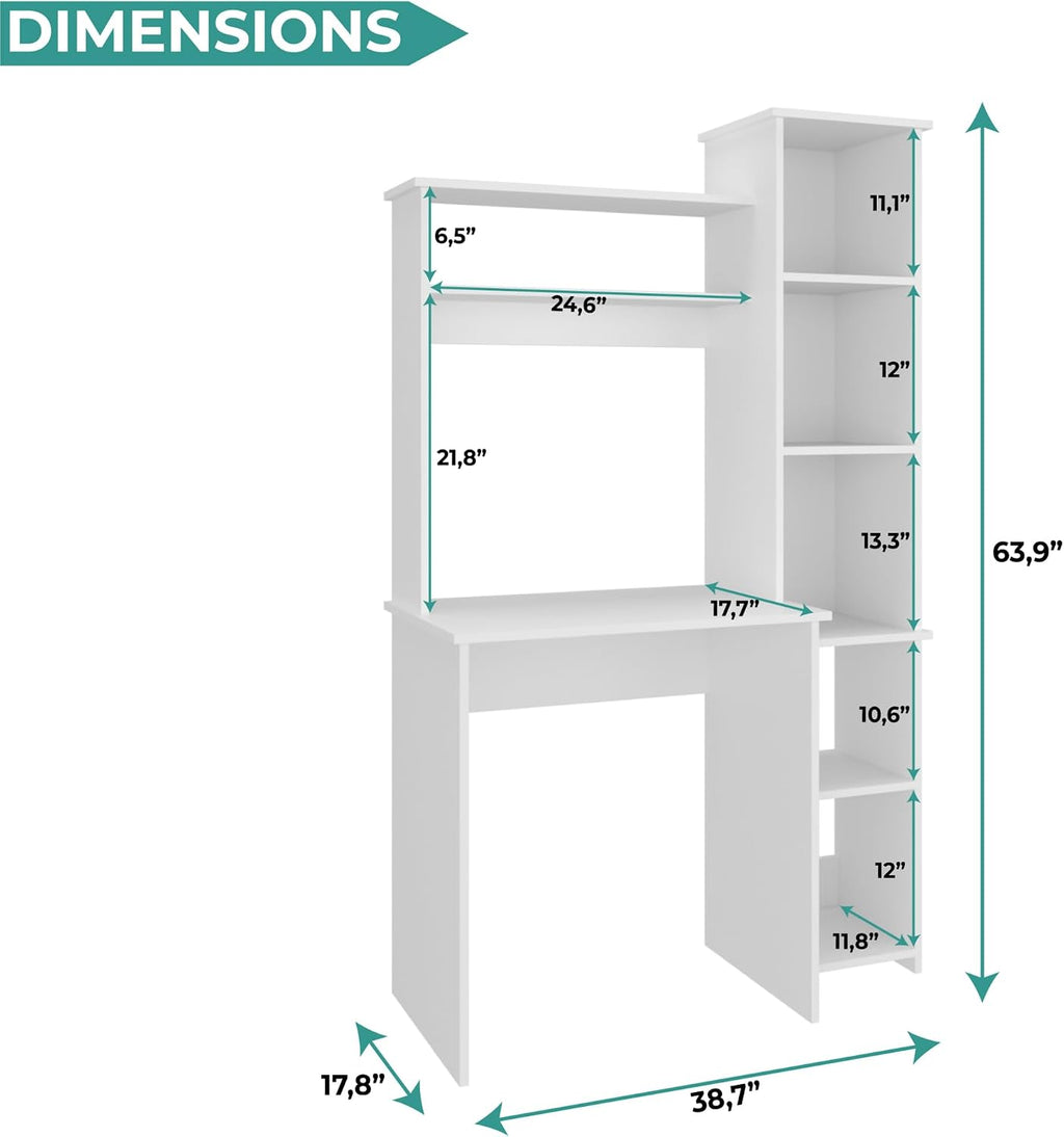 Tuhome Versalles Writing Desk with Two Superior Shelves, Five Side Open Storage Compartments, Space-Saving Modern Workstation Design for Studios and Offices, Ideal for Organization, Books