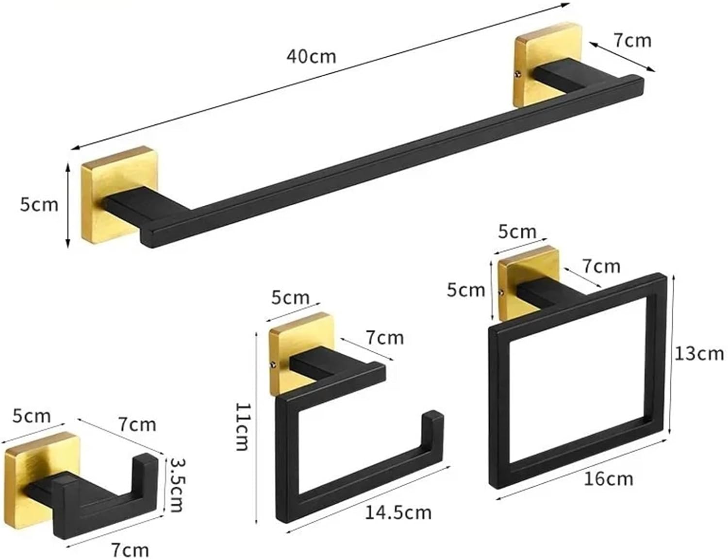Black Gold Stainless Steel Bathroom Hardware Kit Towel Bar Toilet Paper Rack Clothes Doule Hooks Ring Square Brushed(S)