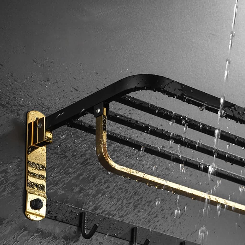 Bathroom Wall Mounted Towel Rack Stainless Steel Towel Rack Bathroom Wall-Mounted Folding Storage Rack with Hook Towel Holder Shelf Shower Room Accessorie Towel Bar, A-black Gold