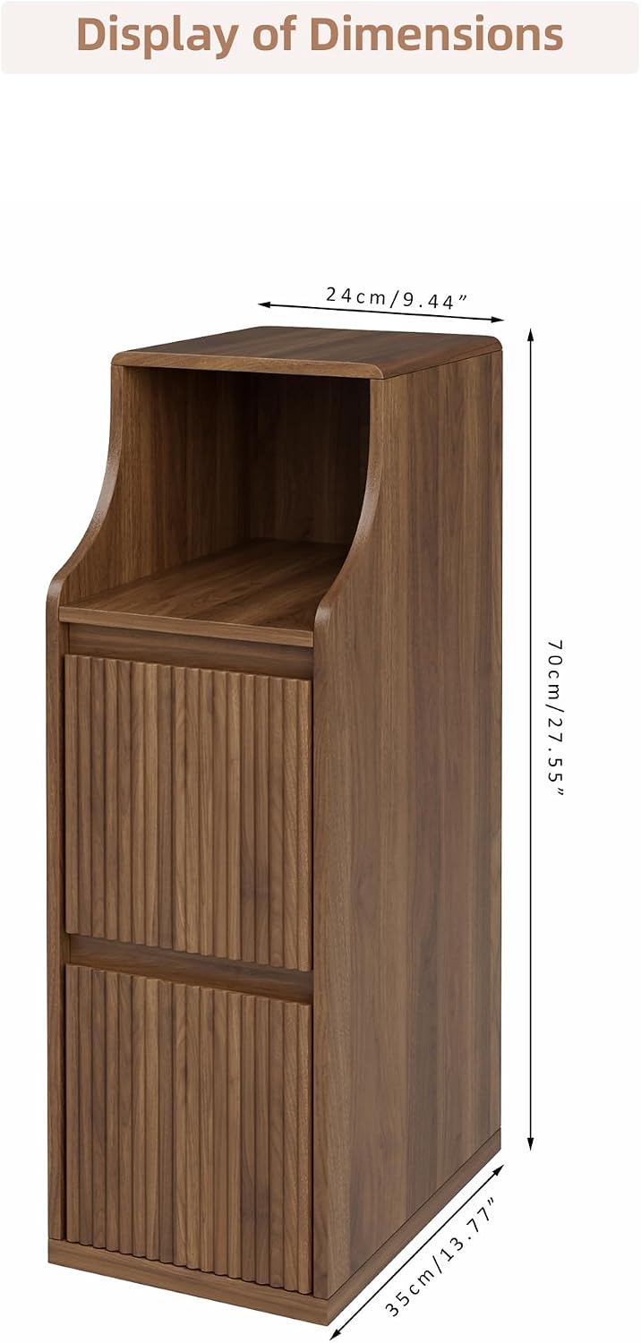 Fluted Narrow Nightstand Set of 2, Mid Century Modern Small Bedside Table with 2 Drawers, Wooden Skinny Vintage Side Table, Night Stand, Slim End Table for Bedroom, Walnut, Brown