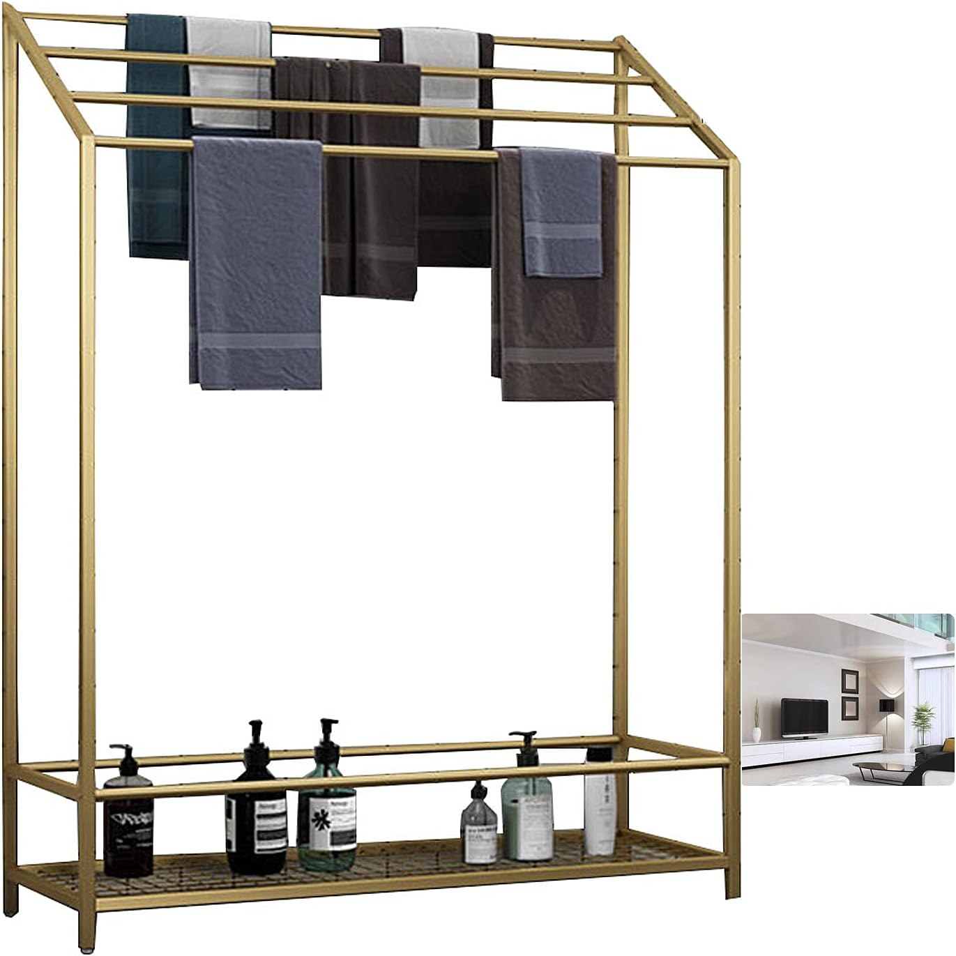 Exquisite Bathroom Shelves 4 Bar Freestanding Towel Rack, Bathroom Towel Holder with Shelf, Portable Metal Towel Hanger Stand Alone, Easy to Installation