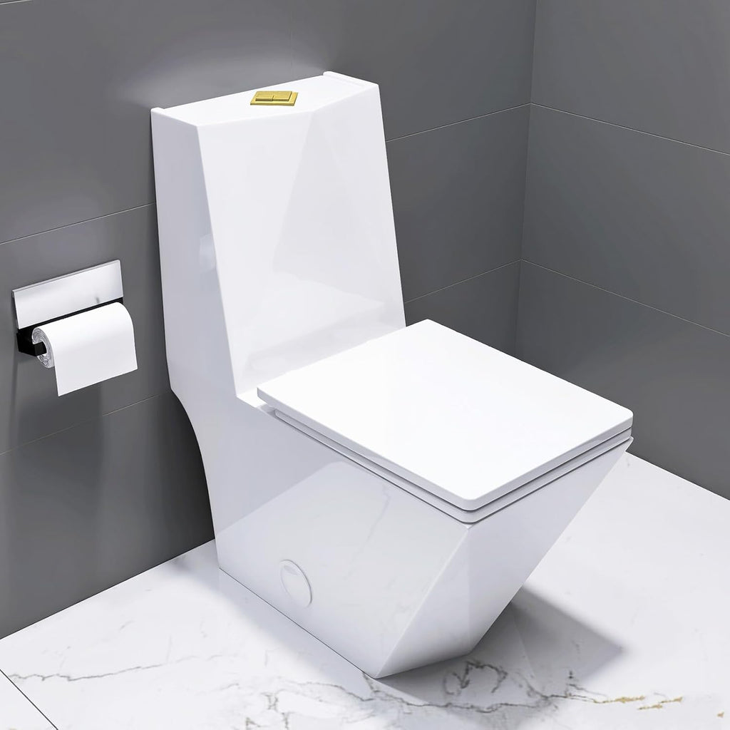 WinZo Modern Square Toilet One Piece With Golden Push Button Dual Flush Elongated Rectangle Comfortable ADA Height,White with golden Parts