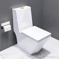 WinZo Modern Square Toilet One Piece With Golden Push Button Dual Flush Elongated Rectangle Comfortable ADA Height,White with golden Parts