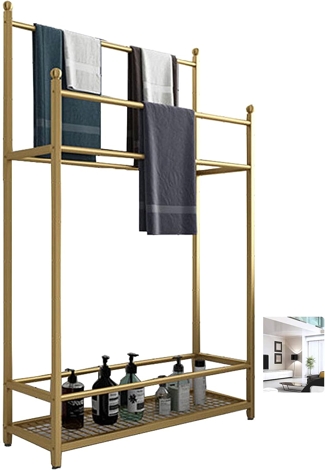 Exquisite Bathroom Shelves Beach Towel Drying Rack Freestanding Outdoor Towel Holder Stand with Bottom Storage Shelf and 4 Bars, Metal Towel Ladder Rack for Bathroom, Kitchen, Washroom
