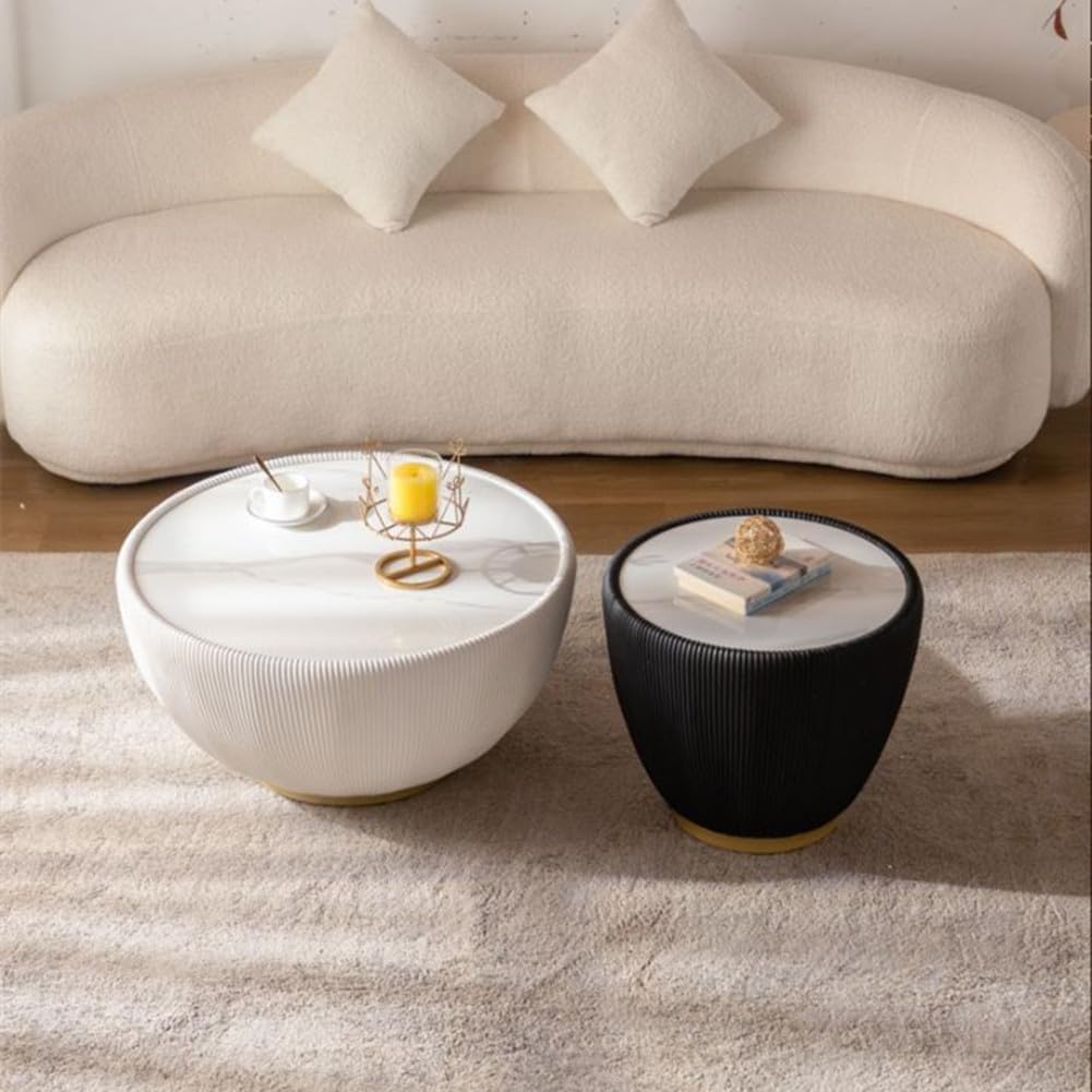 Modern Round Coffee Table Luxury Sintered Stone Top Coffee Table in Cream White Leatherette Creative Bowl-Shape Cocktail Center Table for Living Room Bedroom,Fully Assembled