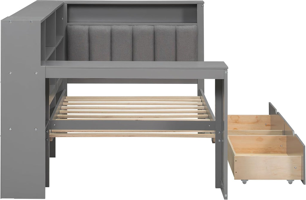 Bellemave Twin Corner Bed with Bookcase Storage and LED Lights, Twin Daybed with Upholstered Headboard and Charging Station, Wooden Platform Bed Frame with Desk and 2 Large Drawers, Grey