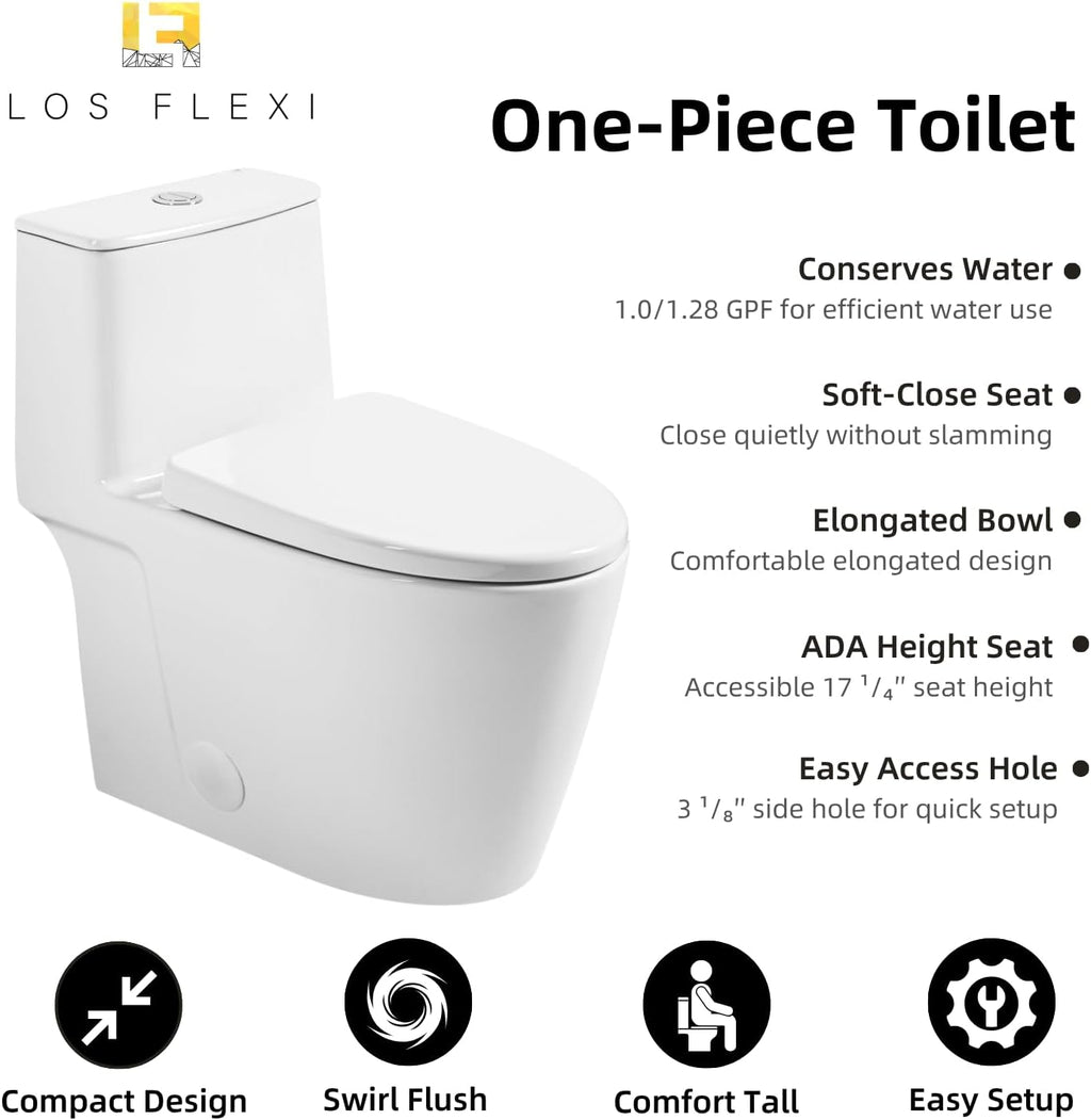 17.3' Elongated One Piece Toilet with Rimless Swirl Flush, Los Flexi Modern Toilets For Bathrooms, ADA Chair Height, Dual Flush 1.0/1.28 GPF, White 17 Inch Toilet Bowl, Soft-Close Seat & 12' Rough-In